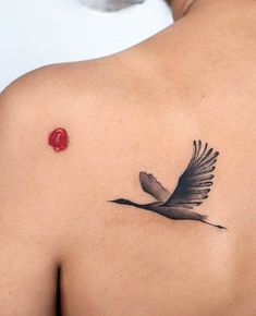 a bird tattoo on the back of a man's left shoulder and chest area