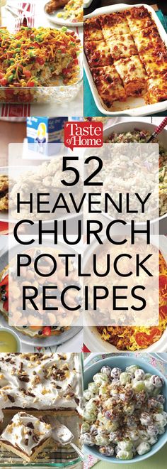 the cover of 52 heavenly church potluck recipes, with pictures of different dishes