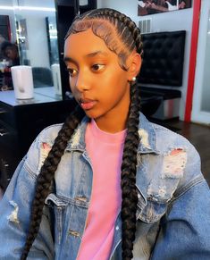 Two Big French Braids, Box Braids With Dramatic Edges, Two Dutch Braids With Curls, Two Braids Black Girls Hair, Two Long French Braids Black Women, Dramatic Edges With Knotless Braids, Big Dramatic Edges, Black Girls Hairstyles Two Braids, 2 Braids With Dramatic Edges