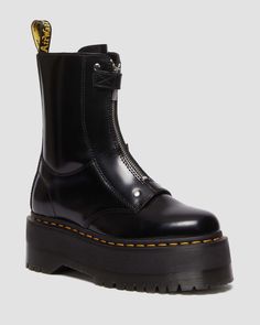 Jetta Hi Max Leather Platform Boots in Black | Dr. Martens Festival Sandals, Leather Platform Boots, Mary Jane Platform Shoes, Soft Leather Boots, How To Clean Suede, Black Dr Martens, Festival Shoes, Yellow Heels, Black Platform Boots