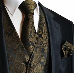 Brown and Black Paisley Formal Vest with matching Necktie and Pocket Square. Wear it best with a Black. Brown or Tan Suit. This Tuxedo Vest is made of 100% Microfiber. Woven, Imported. Paisley Tuxedo, Wedding Vest, Wood Cabin, Mens Vest Fashion, Mens Fashion Dressy, Marriage Dress, Formal Vest, Tuxedo Vest, Tan Suit