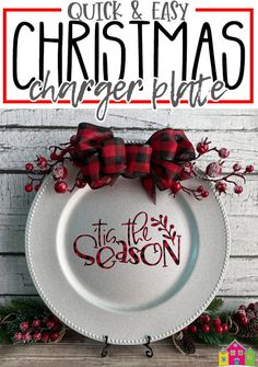 a white plate with red and black bows on it that says, quick & easy christmas dinner plate