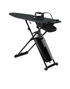 a surfboard stand with a black surfboard on it's back and legs