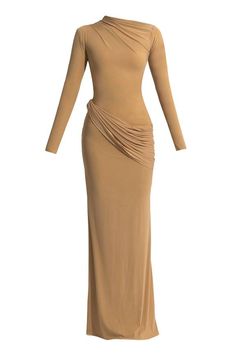 Beige solid dress with pleated drape on bodice and waistline. - Aza Fashions Pre-draped Maxi Dress With Folds, Pre-draped Ruched Asymmetrical Cocktail Dress, Fitted Pre-draped Asymmetrical Dress With Ruched Detail, Pre-draped Asymmetrical Dress With Fitted Bodice, Fitted Pleated Bodice Pre-draped Dress, Fitted Long Sleeve Pre-draped Evening Dress, Pre-draped Asymmetrical Ruched Evening Dress, Fitted Pleated Maxi Dress For Gala, Pre-draped Ruched Asymmetrical Dress