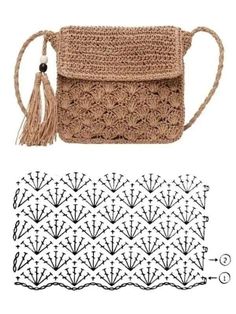 a crocheted purse with the pattern next to it