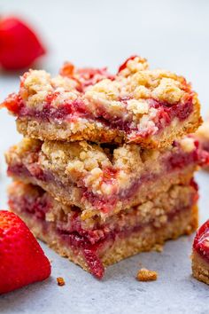 strawberry crumb bars stacked on top of each other