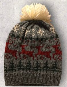 "Super cute reindeer slouchy hat sized for a child/youth! Circumference is 17\" and total height without pompom is 10\". Made with Lion Brand Wool-ease in Gray, Green, Dark Red and Cream this colorwork hat has all the fun of the winter season! Trees, Reindeer and Snowflakes! Can be customized for baby through adult sizes! Pattern by Rosie Posie Design Yarn is Lion Brand Wool-ease" Reindeer Pattern, Rosie Posie, Lion Brand Wool Ease, Cute Reindeer, Slouch Hat, Slouchy Hat, Lion Brand, Pom Pom Hat, Christmas Hat