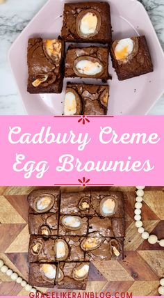 cadbury creme egg brownies on a plate with eggs in the middle and chocolate squares