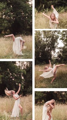 a woman is dancing in the grass with her arms spread out and legs bent forward