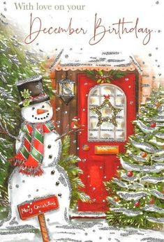 a christmas card with a snowman in front of a red door and evergreen trees