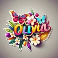 the word ollivia written in colorful letters surrounded by flowers and butterflies on a gray background