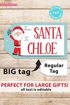 santa is for chiloe christmas gift tag printable on wood background with text