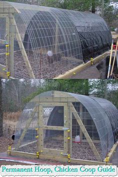 the chicken coop is made from an old plastic cover and has been placed in front of it