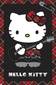 a hello kitty poster with a guitar on it's chest and the words hello kitty