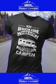 a black t - shirt with the words happy camper on it and an image of a trailer