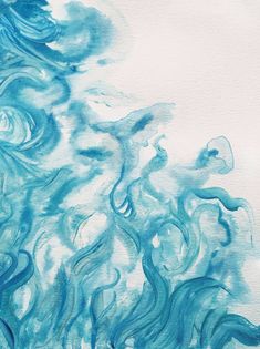 an abstract painting with blue swirls on white paper and watercolng in the background