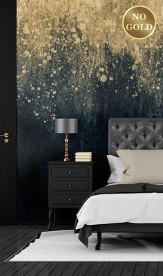 a bedroom with black and gold wallpaper, white bedding, and nightstands