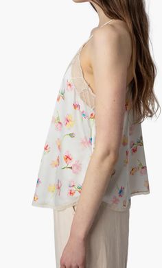 CHRISTY CAMI | WWCR00204 , WWCR00247, WWCR01257 - Zadig&Voltaire women's silk camisole - Embossed silk jacquard - Lace trim - Thin straps Model is 177/5' 9" cm and is wearing a size S 100% SILK The signature Christy camisole is one of the brand’s must-haves and can be worn under a blazer or on its own for a chic, bohemian look. Adorned with delicate contrasting lace, and featuring the jacquard this season. Chic Bohemian, Jumpsuit Skirt, Silk Camisole, Bohemian Look, Shopping Event, Event Styling, Blazer Dress, Sweater Skirt, Outerwear Jackets