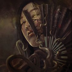 a painting of a woman holding a fan with her face covered by chains and scissors