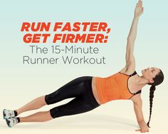 a woman in an orange top and black leggings is doing a crunch with the words run faster, get firmer