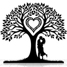 a man and woman kissing under a tree with a heart on it's trunk