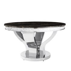 a round table with black marble top and silver metal base, against a white background