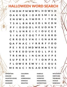 the halloween word search is shown in red and orange with black letters on white background