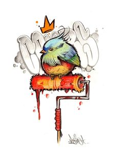 a drawing of a bird sitting on top of a paint roller