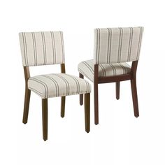 a pair of chairs with striped upholstered backrests and wood frame legs