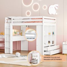 the loft bed is white and has drawers on both sides, with an open drawer underneath it