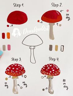 the steps to drawing mushrooms are shown in different colors and sizes, including one red mushroom