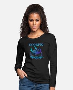 a women's long sleeve t - shirt with the word scorpio on it