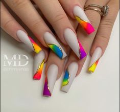 Cute Coffin Nail Designs, Pink Foil Nails, Acrylic Nail Designs Classy, Coffin Nail Designs, Bright Nail Designs, Neon Nail Designs, Funky Nail Art, Elegant Nail Designs, Happy Nails