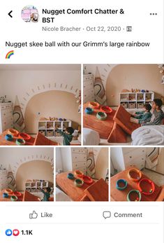 a collage of photos showing children playing in their playroom and making toys on the table