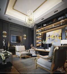 a living room filled with lots of furniture and a chandelier hanging from the ceiling