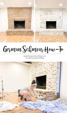 How To German Smear Brick Fireplace, German Smear Fireplace Diy, Smeared Brick Fireplace, White German Smear Fireplace, Brick Wall Renovation, White Mortar Fireplace, Like Wash Brick Fireplace, Whitewash Brick Interior Wall, German Smear Brick Interior Wall