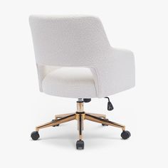 a white office chair with wheels and casteors on an isolated white background, viewed from the front