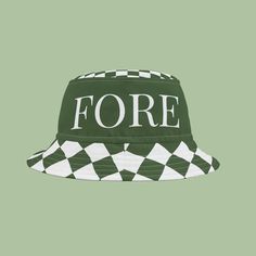 a green and white checkered hat with the word fore on it's side