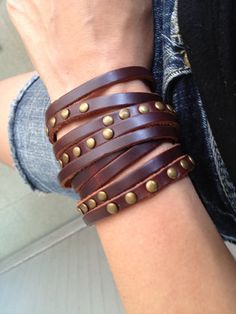 Sliced Brown Leather Double Wrap Cuff Bracelet With Brass Rivets Adjustable With  metal Studs. $10.50, via Etsy. Bracelet Stand, Leather Store, Biker Jewelry, Leather Wrap Bracelet, Leather Cuffs, Leather Belts, Boho Bracelets