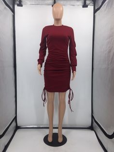 Fashion Sexy Solid Color Tie Long Sleeve Dress Long Sleeve Mini Dress With Drawstring For Party, Party Mini Dress With Long Sleeves And Drawstring, Fitted Knee-length Dress With Drawstring, Night Out Bodycon Dress With Drawstring, Dress Item, Product Name, Sleeve Dress, Hot Sale