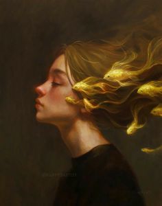 a painting of a woman with her hair blowing in the wind