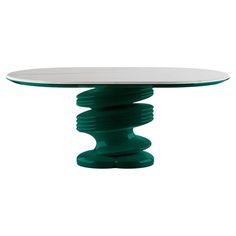 an oval table with green legs and a white plate on the top, against a white background