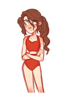 a drawing of a woman in a red swimsuit with her arms crossed and eyes closed