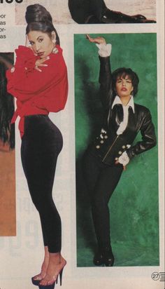 an old fashion magazine ad featuring two women in black pants and red blouses, one with