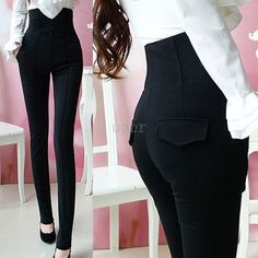 Women Black Outfit, Women High Waist Pants, Black Slim Pants, Harajuku Outfits, Cute Leggings, Black Pants Casual, Slim Trousers, Stretchy Leggings, High Waist Pants