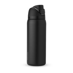 thermos bottle is black and has a lid that holds an empty cup in it