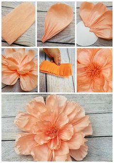 the steps to make an orange flower with tissue paper and fabric flowers are shown in different stages