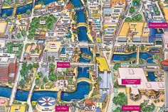 a large map of the city with lots of buildings and water features in each section