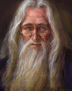 an old man with long white hair and glasses is shown in this digital painting style