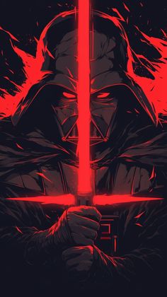 darth vader holding a red light saber in the dark knight's hand